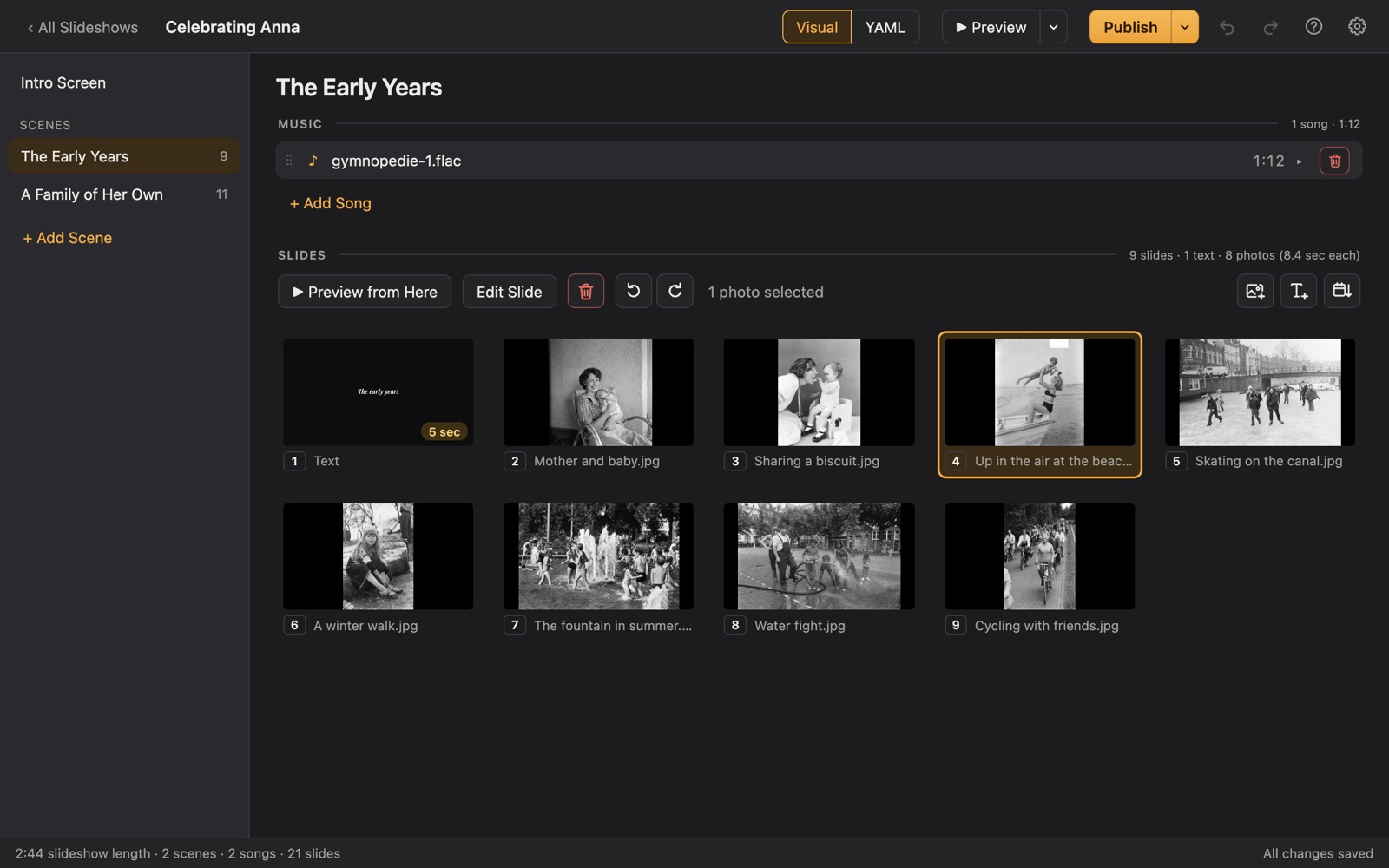 Porchlight Slideshow showing the photos of the scene The Early Years, with its song above them