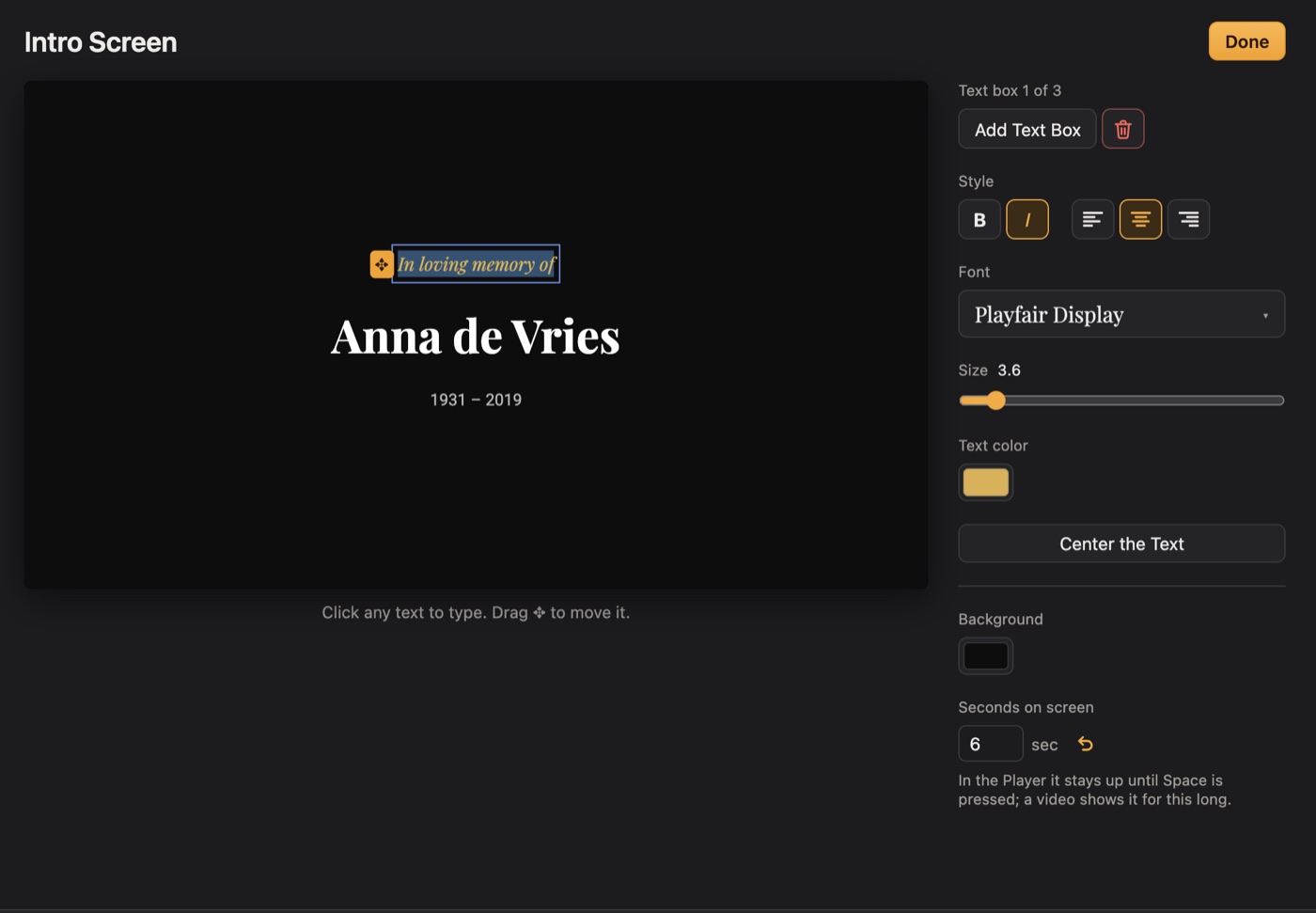 Editing the Intro Screen: a name, dates and a line of text in elegant fonts
